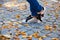 Close-up of feet in jeans and sneakers on autumn Golden foliage