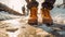 Close-up of feet of man with brown leather boots in the snow. Generative AI