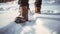 Close-up of feet of man with brown leather boots in the snow. Generative AI