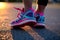 Close up feet of runner in sunlight, Generative AI