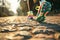 Close-up of feet in sneakers running. Low point of view. Colorful sparkling tones