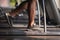 close up feet sport man using treadmill in the gym