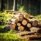 Close-up felled and sawn tree trunks stacked on the outskirts of the forest.