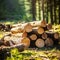 Close-up felled and sawn tree trunks stacked on the outskirts of the forest.