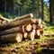 Close-up felled and sawn tree trunks stacked on the outskirts of the forest.