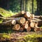 Close-up felled and sawn tree trunks stacked on the outskirts of the forest.