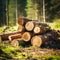 Close-up felled and sawn tree trunks stacked on the outskirts of the forest.