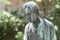 Close up of a female bronze statue of a woman with short hair with cross and cardigan in a park, Germany