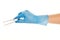 Close up of female doctor\'s hand in blue sterilized surgical glove with forceps against white