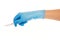 Close up of female doctor\'s hand in blue sterilized surgical glove with scalpel against white