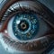 Close-up female eye with microchip pupil in cyberpunk style. Generative AI