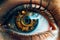 Close-up female eye with microchip pupil in cyberpunk style. Generative AI