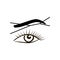 Close-up of female eye with a thread. Eyebrow threading - epilation procedure for brow shape correction