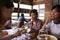 Close up of female friends enjoying lunch at a restaurant