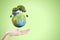 Close up of female hand holding creative globe with trees and solar panels on green background with mock up place. Energy and