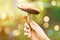 Close up of female hand with mushroom in forest