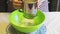 Close-up of a female hand sifting flour with a sieve mug in a green bowl in the home kitchen. Cooking pancakes