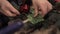 Close up of female hands gluing an artificial leaf on christmas wreath