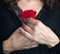 Close up of Female Hands Holding a red carnation against her che