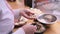 Close up female hands makes dumplings with minced meat. female cook quickly and skillfully makes dumplings, Vareniki -