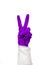 Close up of female hands in protective rubber gloves. everything is cool sign, two fingers, rabbit symbol. Healthy lifestyle