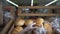 close-up of female hands spread on a showcase in a supermarket a lot of loaves of bread.