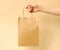 Close up of a female holding a brown empty paper craft bag for takeaway