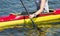 Close-up of female kayaker paddling through water rapids