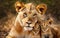 Close up of a female lion with two cubs