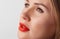Close up female plump lips with red matte lipstick. Beauty fashion portrait personal care and make up