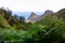 Close up on fern plant with panoramic view on Roque de las Animas crag in the Anaga mountain range, Tenerife, Canary Islands