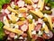 Close up of Fiambre, salad of Guatemala, Mexico and Latin America top view with cold cuts and seasonal pickled