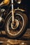 A close up of a fictional motorcycle with rusted wheels, AI