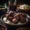 Close-up of Filipino Adobo with Rice and Herbs