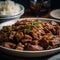 Close-up of Filipino Adobo with Rice and Herbs