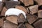 Close-up. The firewood is stacked in a woodpile. Snow on the wood, Horizontal photo