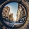 A close-up of a fisheye lens creating a distorted and unique perspective of a cityscape