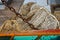 Close up of fishing net and rusty chain on board fishing vessel