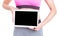 Close-up of fitness trainer holding blank screen tablet