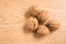 Close up of five walnuts