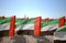 Close up of flags United Arab Emirates for the anniversary celebration on the beach. UAE Natoinal day.