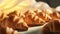 Close up of flaky golden croissants freshly baked in bakery, food background