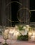 Close up of flowers, candles and dinnerware on the dinner table