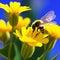 Close up of the flying bee with spring flowers. Generative AI