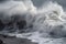 close-up of foaming waves pounding the shore during a tsunami