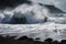 close-up of foaming waves pounding the shore during a tsunami