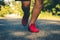Close up foot women run feet on road in workout wellness