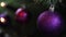 Close up footage of a decorated Christmas tree with purple Christmas balls on it
