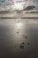 Close up on footsteps on sandy ground in beautiful golden sunset on biscarrosse beach, france