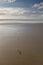 Close up on footsteps on sandy ground in beautiful golden sunset on biscarrosse beach, france